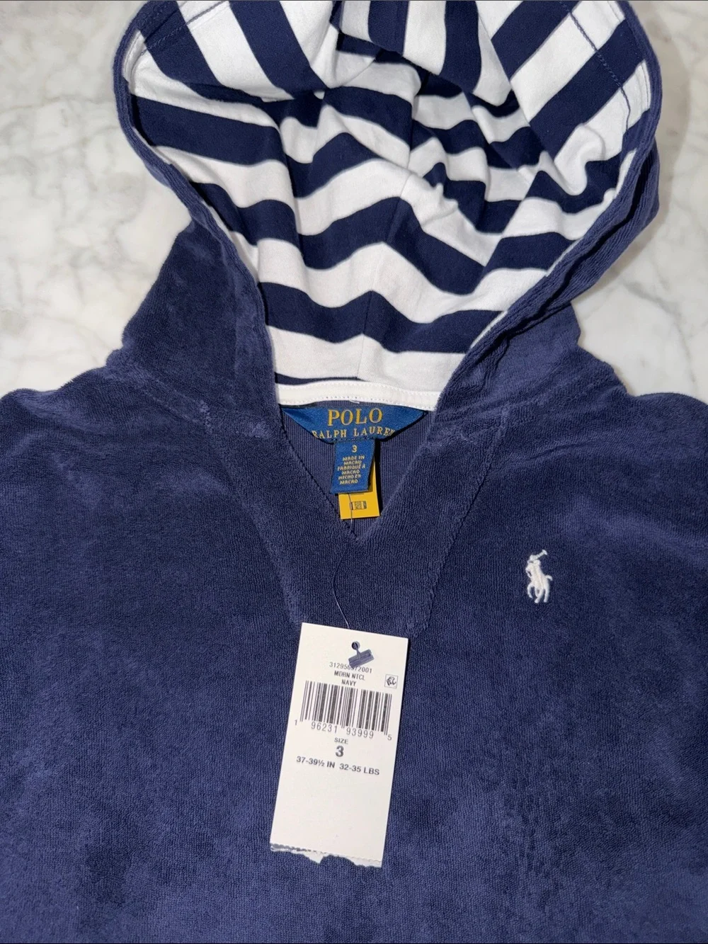NWT Polo by Ralph Lauren Navy Hooded Terry with Striped Hood Lining 3Y